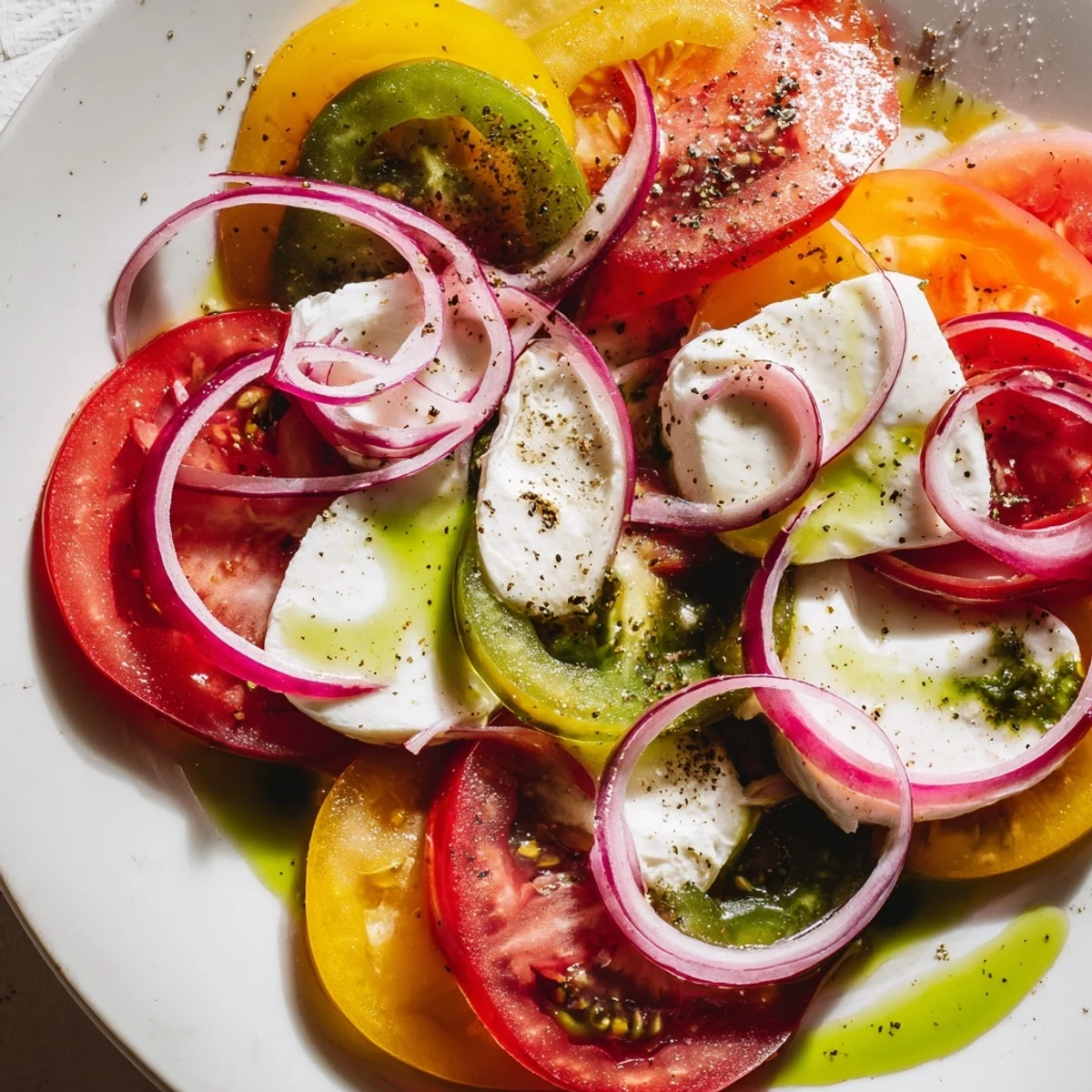 Vibrant Summer Tomato Salad showcases colorful tomato slices, creamy mozzarella, and fragrant basil oil.