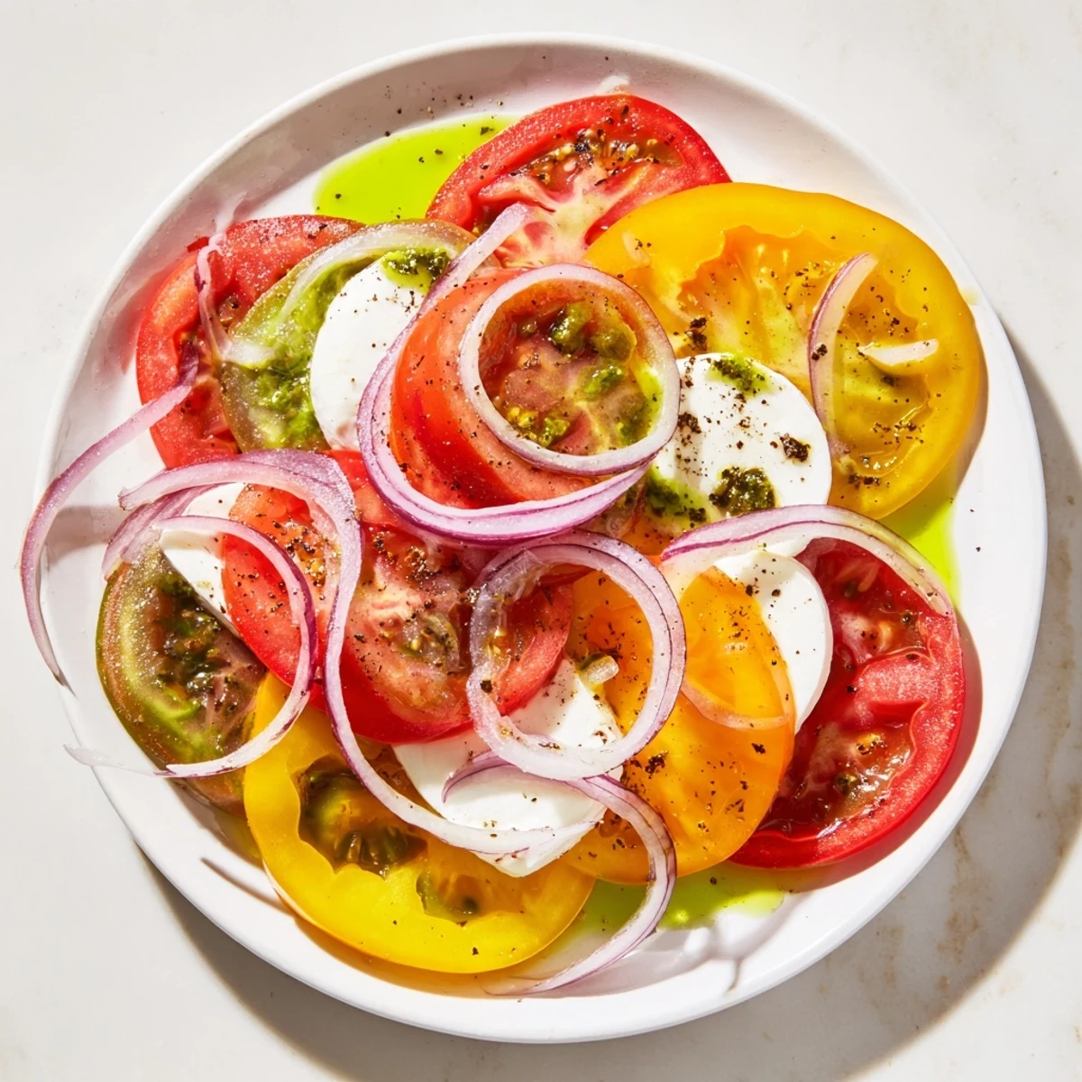 Enjoy a refreshing plate of Summer Tomato Salad: juicy tomatoes, mozzarella, and a basil oil finish.