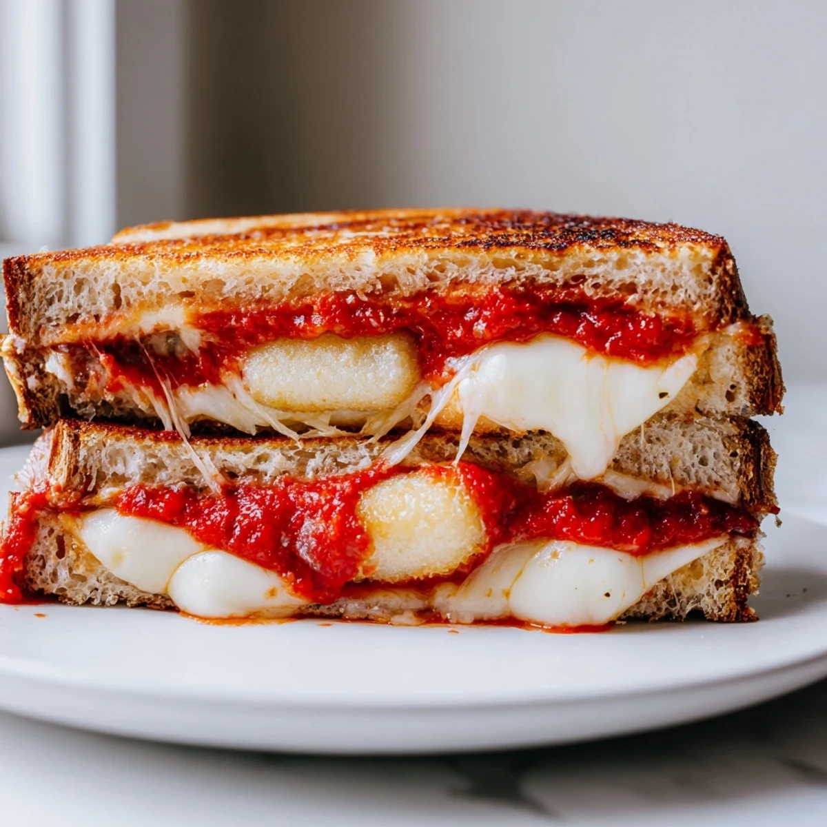 Melted mozzarella oozes from a delicious Mozzarella Stick Grilled Cheese with marinara dip; ideal lunch.