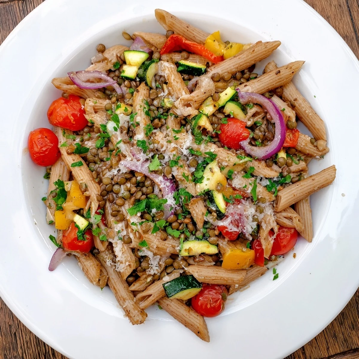 Vibrant lentil pasta with vegetables, showcasing roasted bell peppers and a delicious Mediterranean sauce.