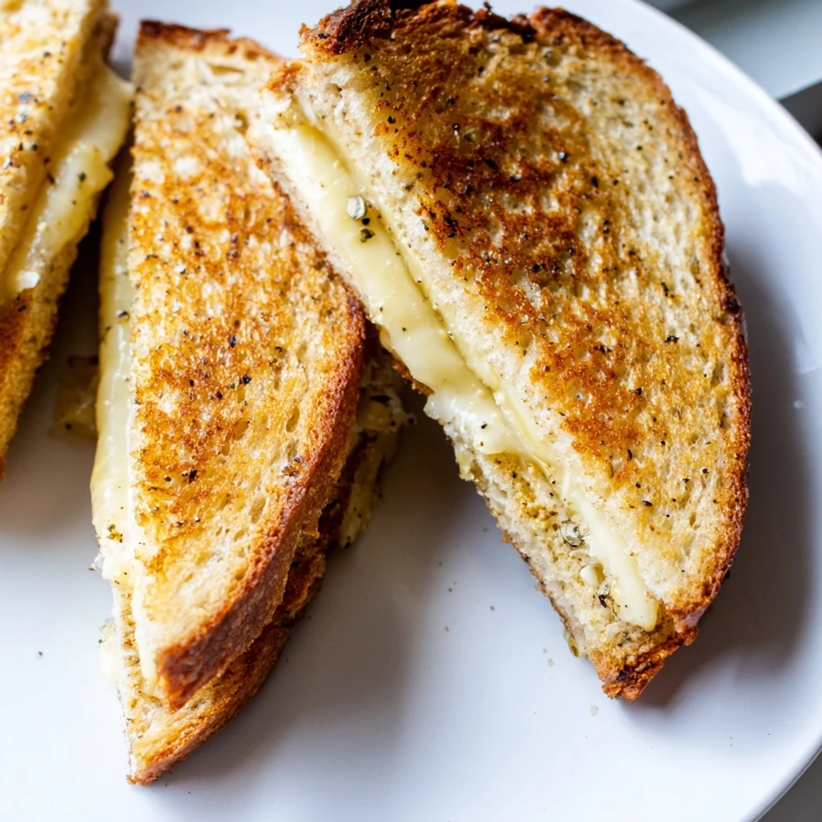 Golden-brown Garlic Butter Mayo Grilled Cheese, with melted cheese oozing between crisp sourdough slices.