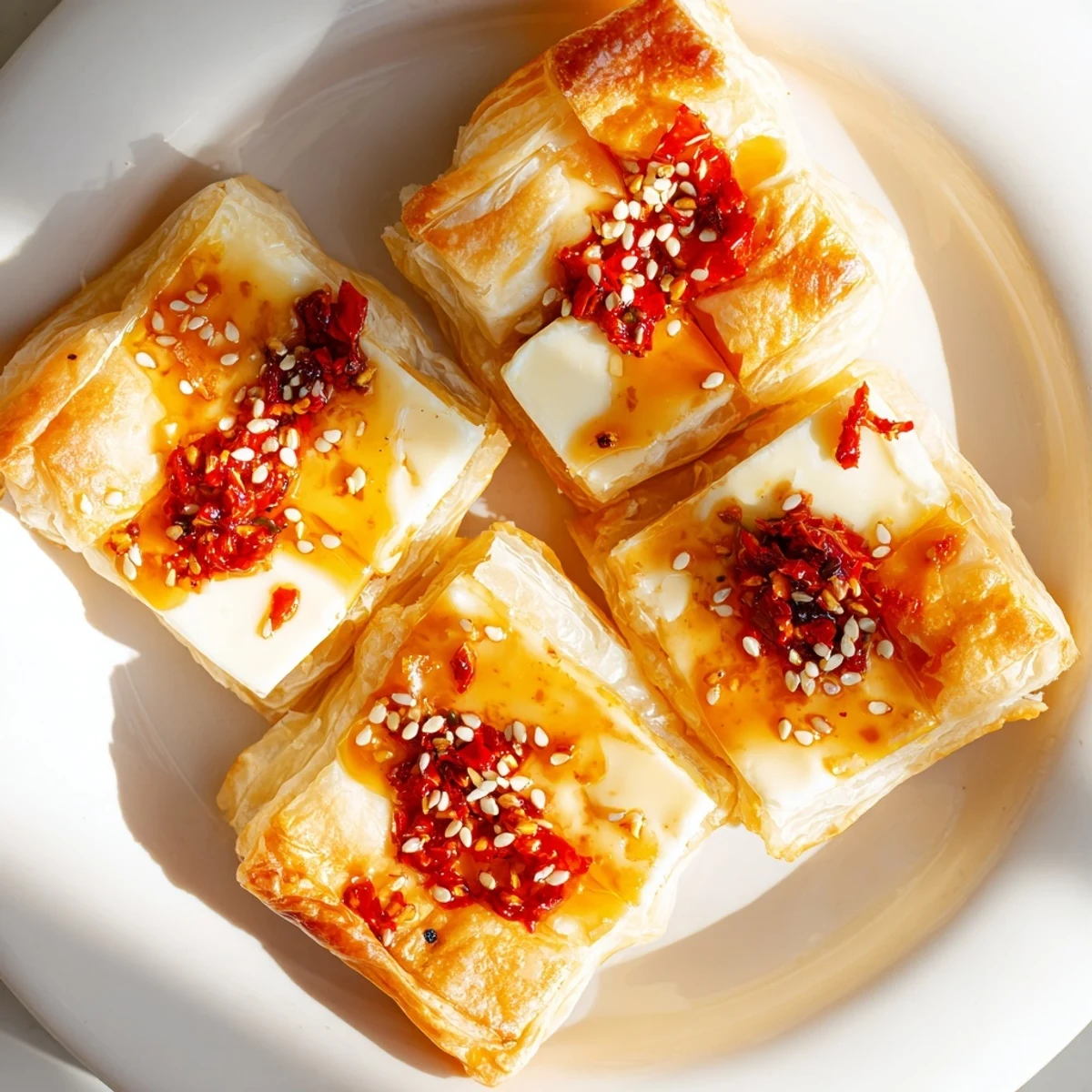 Golden, baked Chili Crisp Honey Brie Bites, showcasing flaky pastry and melted cheese with sweet and spicy toppings.