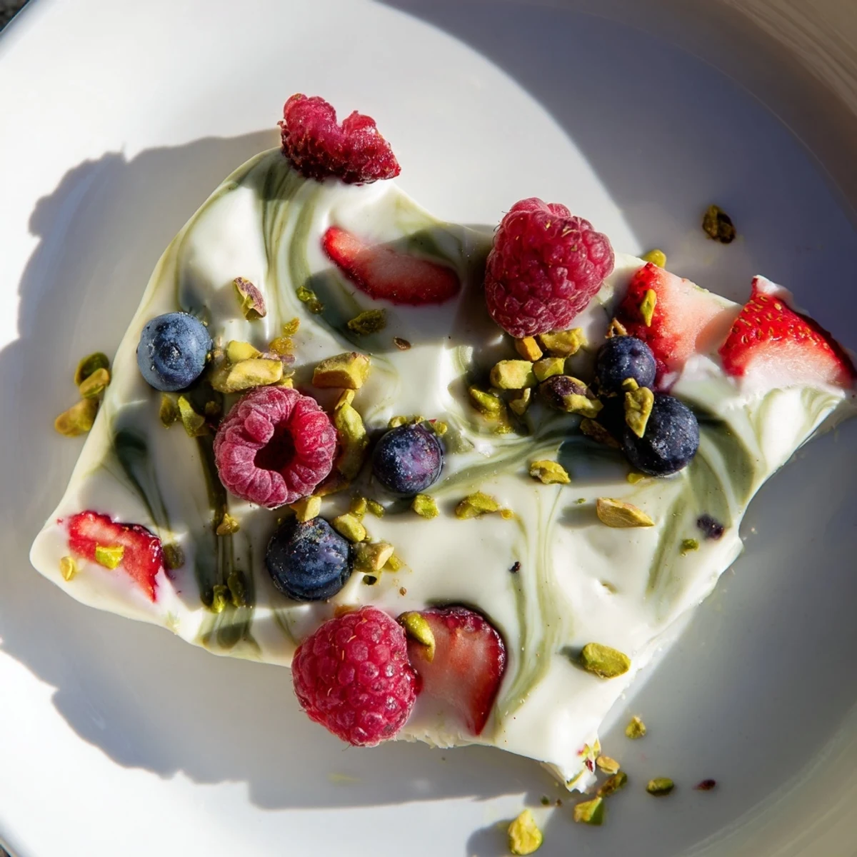 A close-up of delicious Frozen Yogurt Bark, featuring colorful swirls of matcha and berry purees, ready to eat.