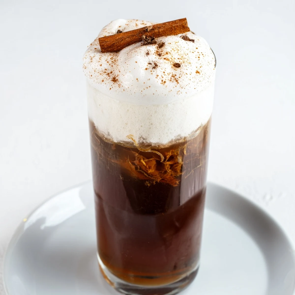 Homemade iced chai with cold foam, a creamy beverage with spiced chai and frothy, sweet foam.