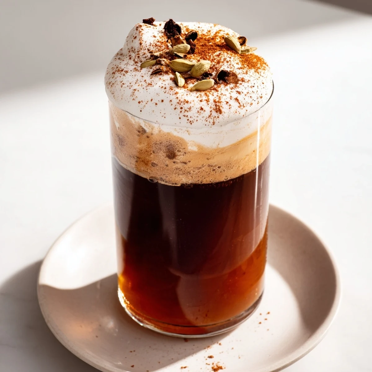 This iced chai is topped with a smooth cold foam; imagine a perfect café-style chai drink.
