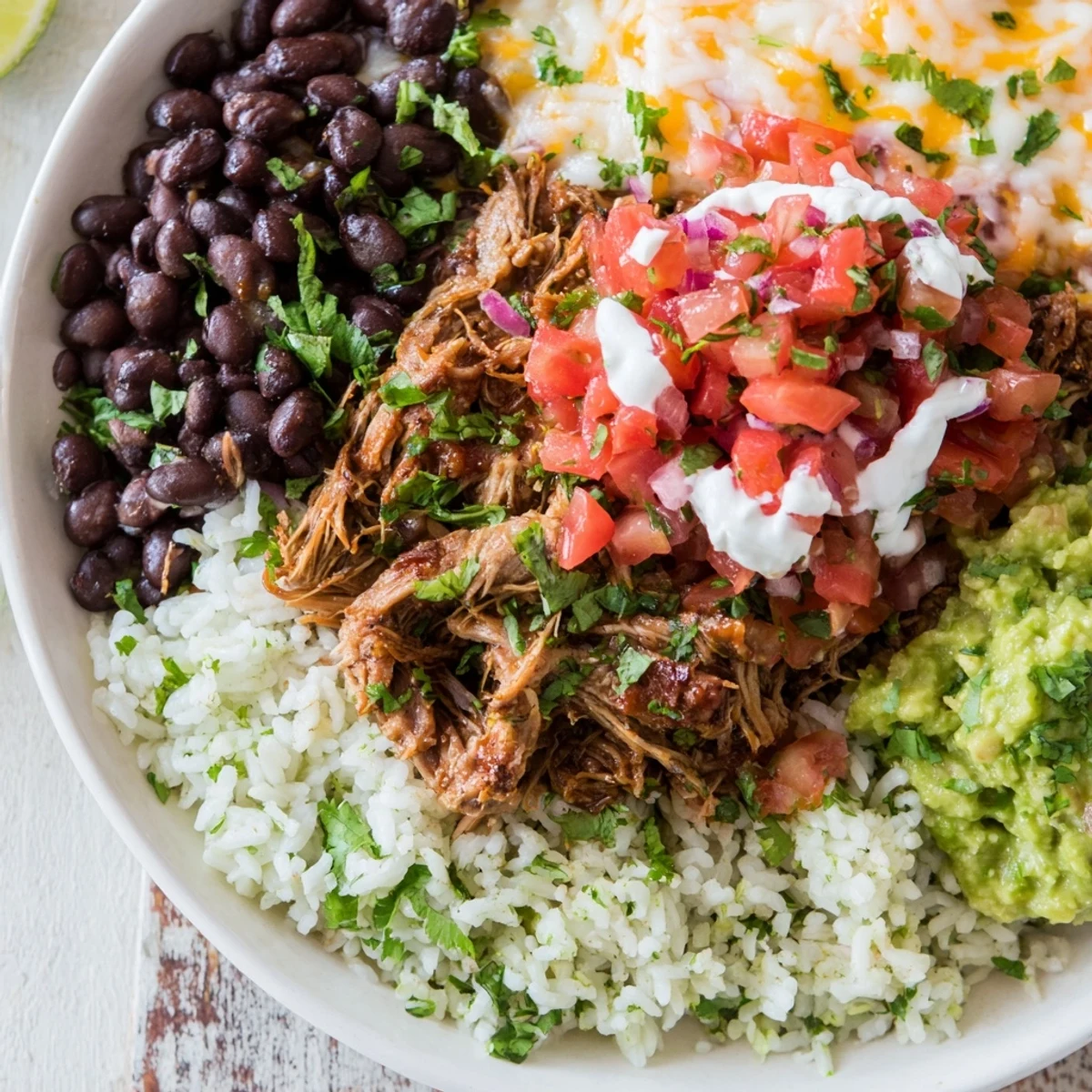 Chipotle burrito bowl copycat with tender carnitas, zesty rice, creamy queso, and fresh salsa layers.