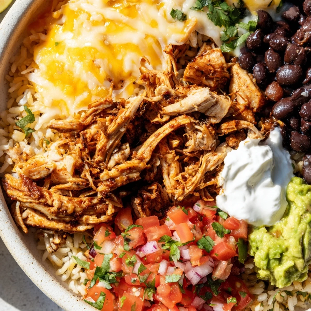 A colorful Chipotle burrito bowl copycat: a medley of toppings over fragrant cilantro lime rice.