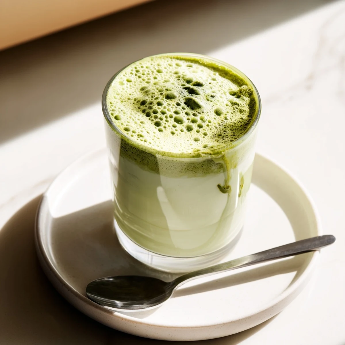 Steaming mug filled with a creamy matcha latte, topped with beautiful, sweet cold foam.