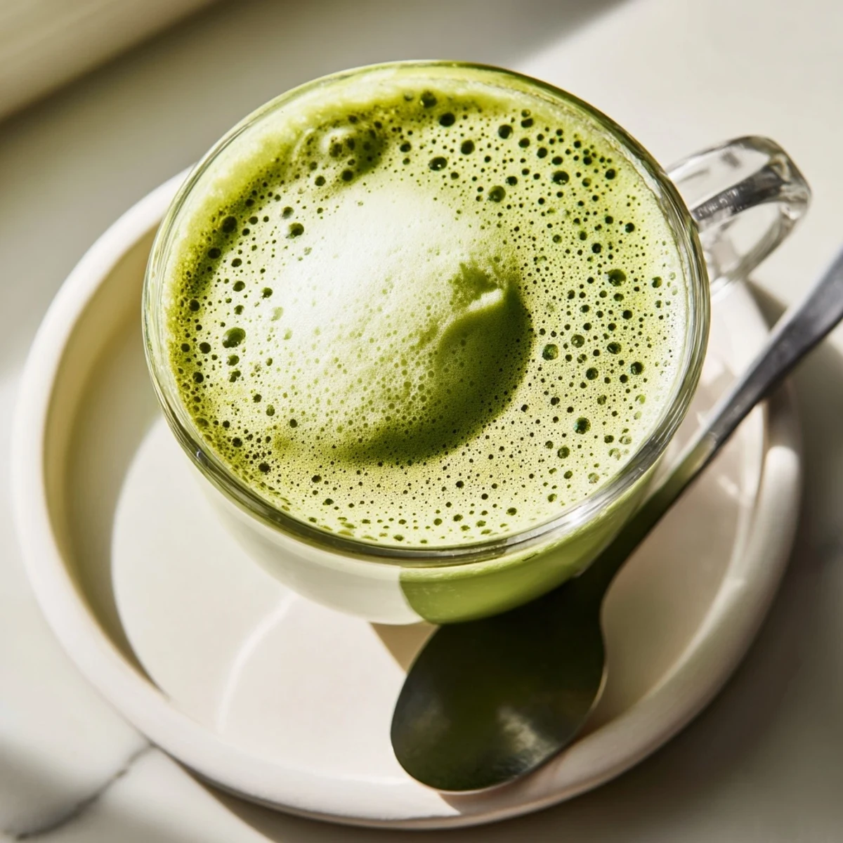 A close-up of a refreshing matcha latte: vivid green hue with a fluffy, frothy cold foam.