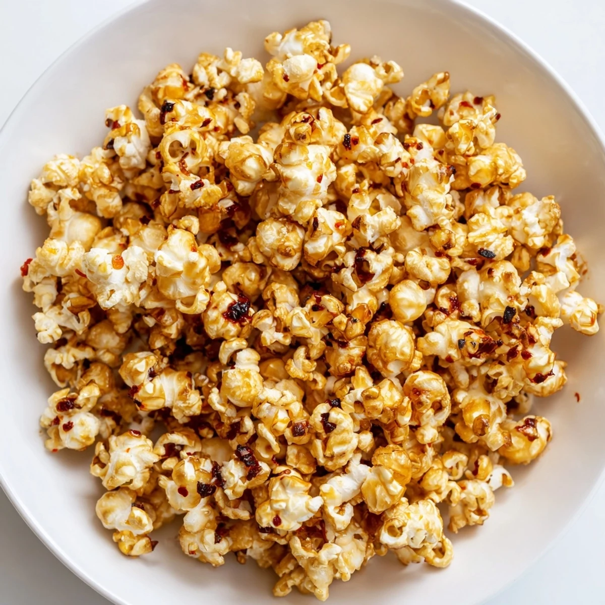Close-up of golden Hot Honey Butter Popcorn with a fiery kick, perfect for snacking anytime.