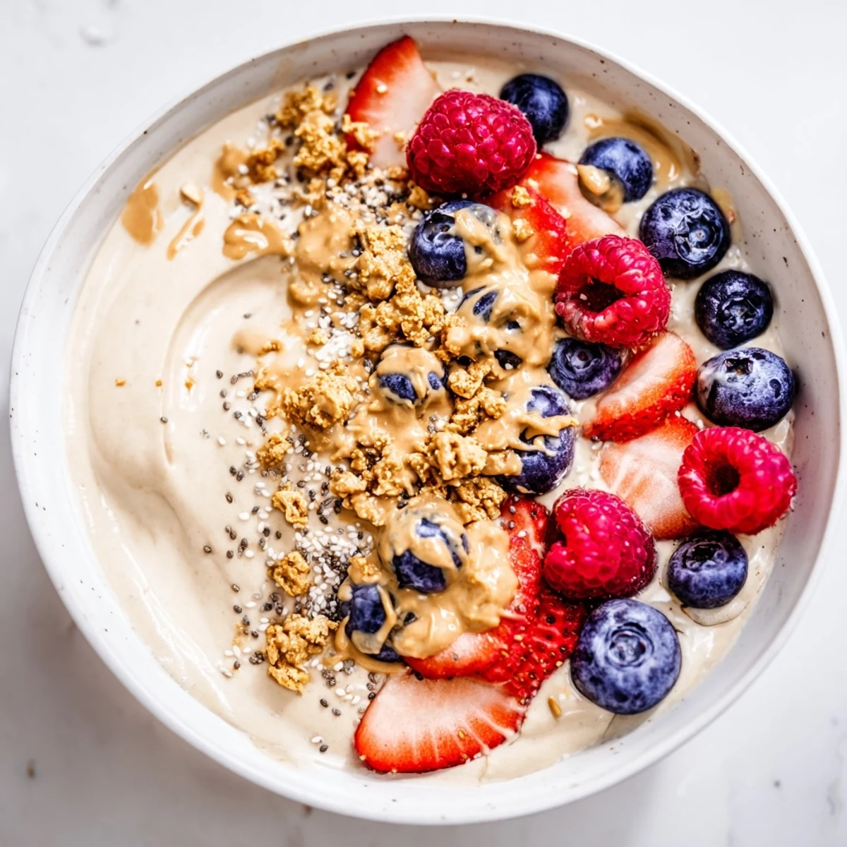 Visualize a vibrant protein ice cream bowl with mixed-berry toppings, a perfect post-workout treat.