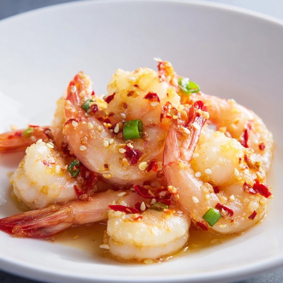 Golden, saucy Korean Garlic Butter Shrimp, ready to serve with fresh green scallion garnish and lemon.