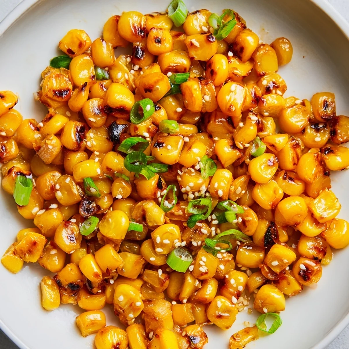 Steaming Japanese Butter Corn side dish, served with green scallions, offers a savory aroma.