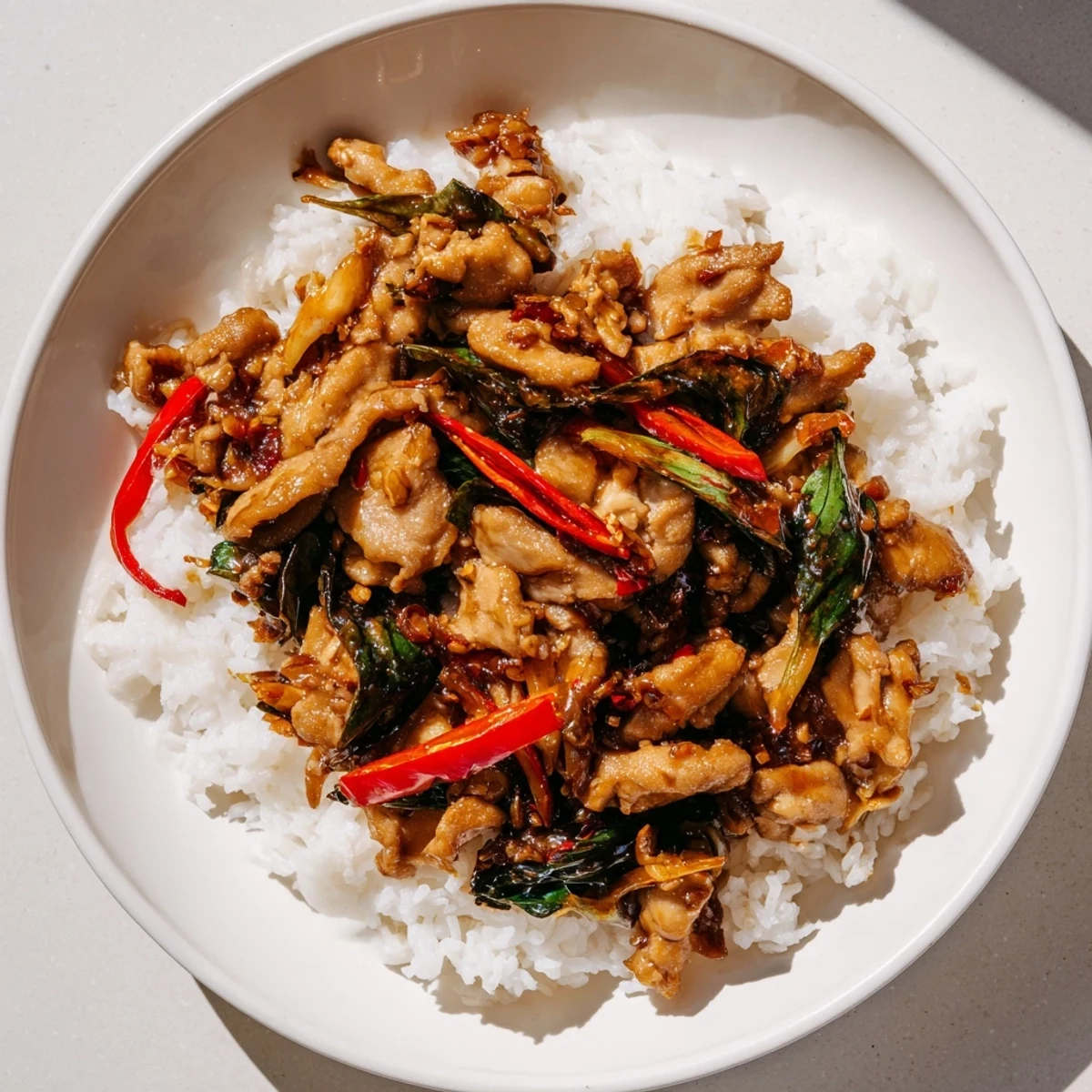 Steaming Thai Basil Chicken Bowls, aromatic basil and tender chicken atop fluffy jasmine rice.