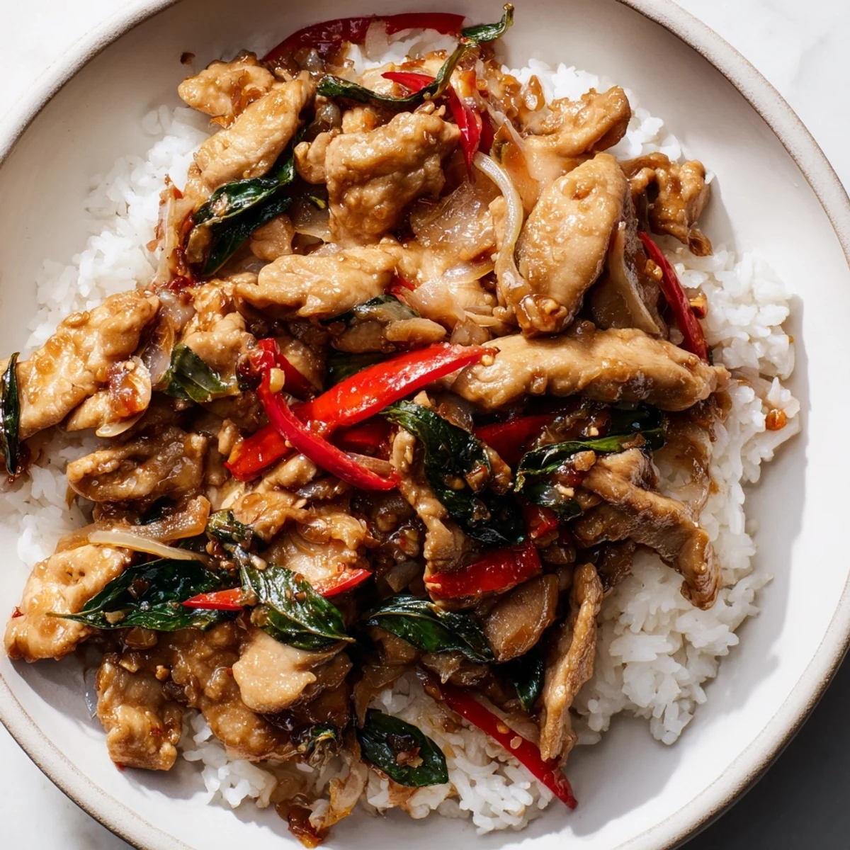 A close-up of savory Thai Basil Chicken Bowls: a flavorful, colorful, and fresh Asian dinner.
