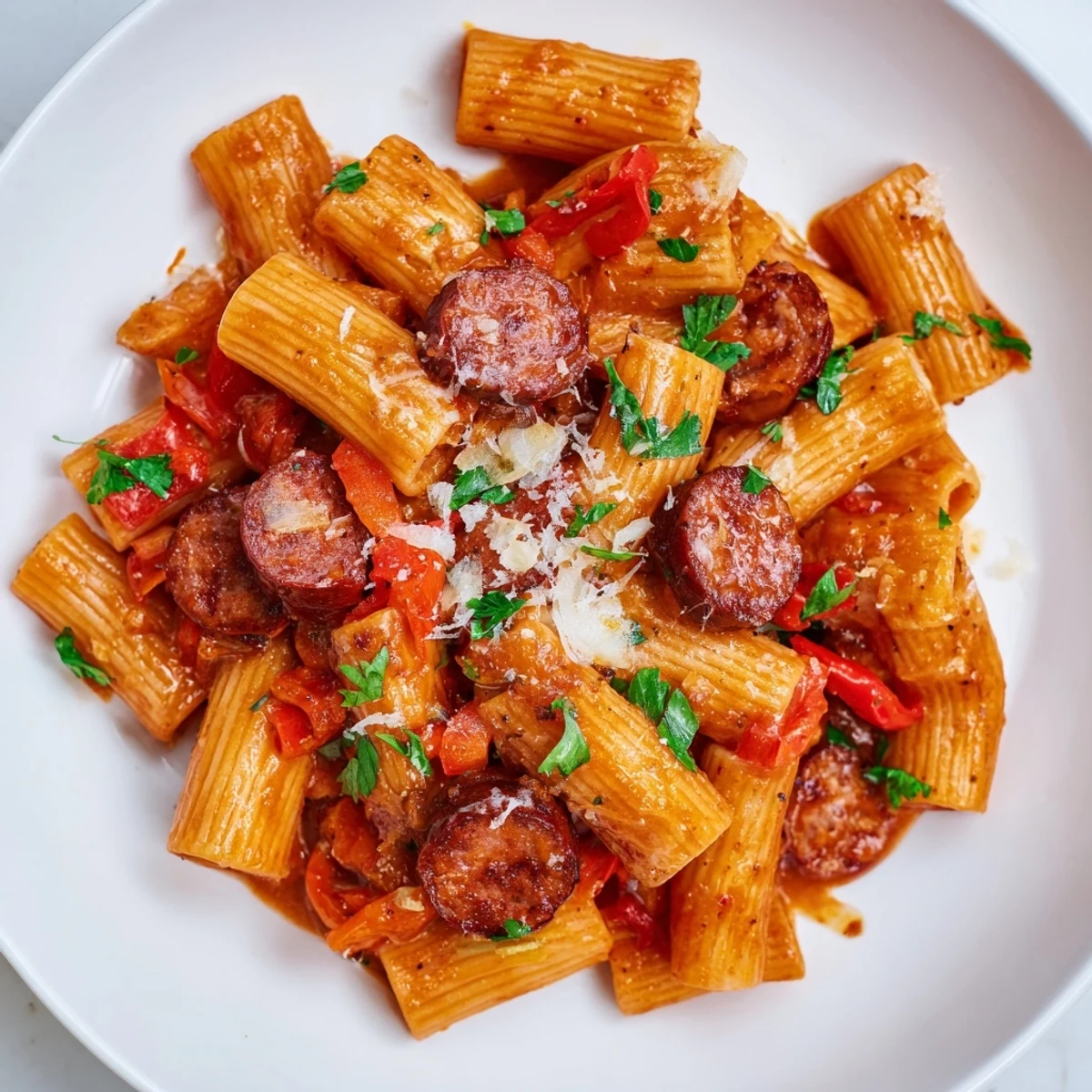 A steaming bowl of Spanish Chorizo Pasta, showcasing its vibrant color and hearty ingredients.