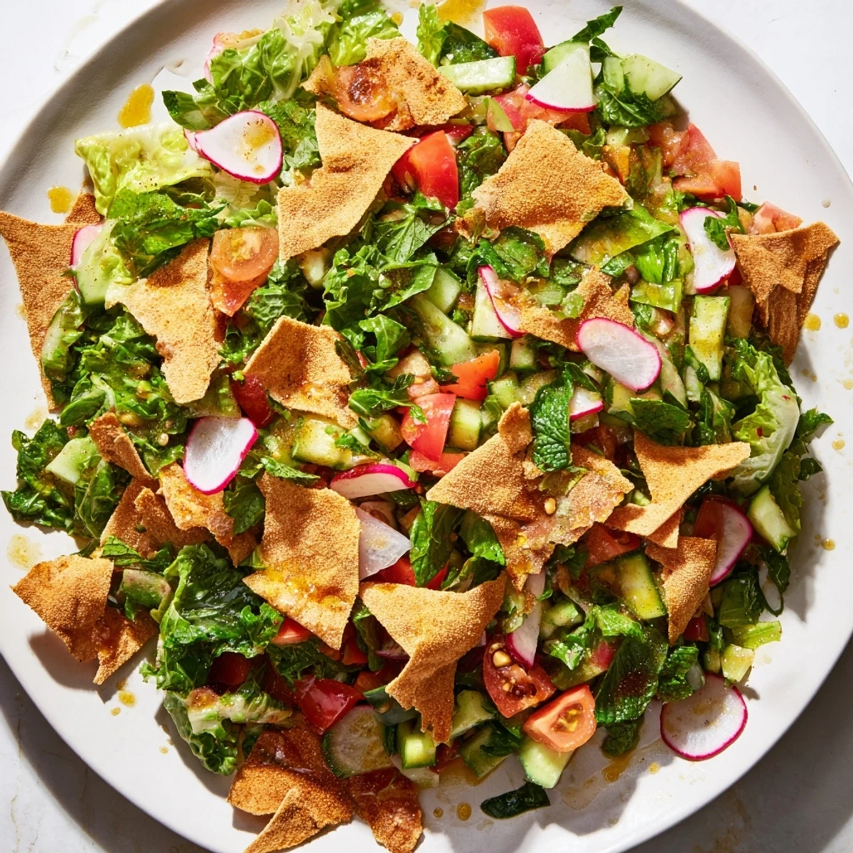 Freshly tossed Lebanese Fattoush Salad with a tangy sumac dressing and golden, crunchy pita.