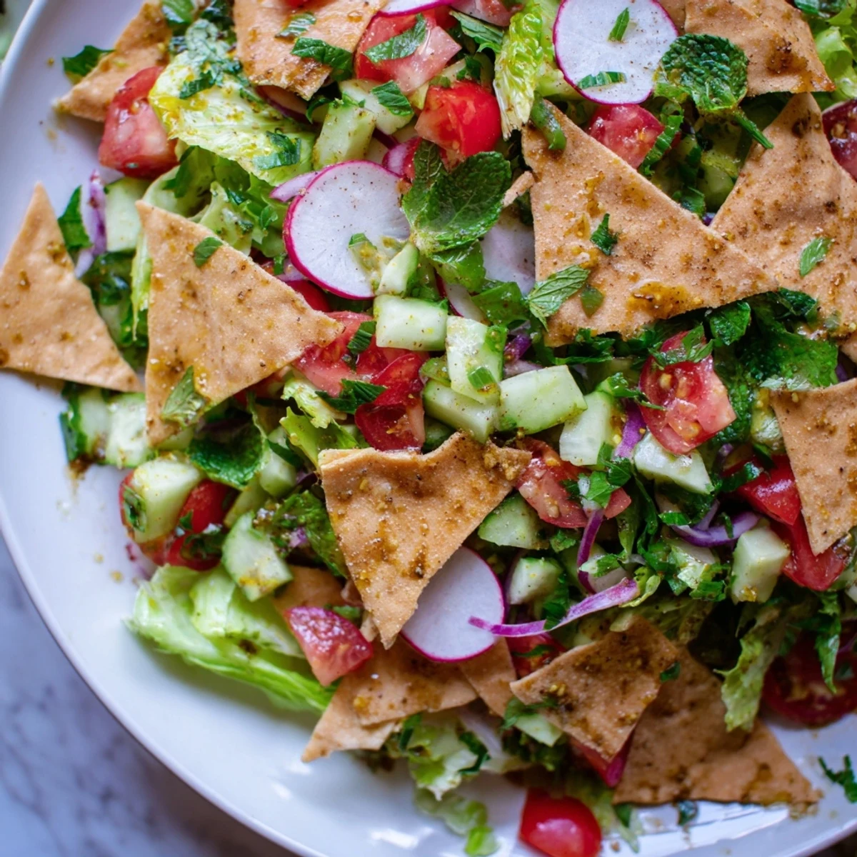 Bright, refreshing Lebanese Fattoush Salad, featuring a medley of chopped veggies and herbs.