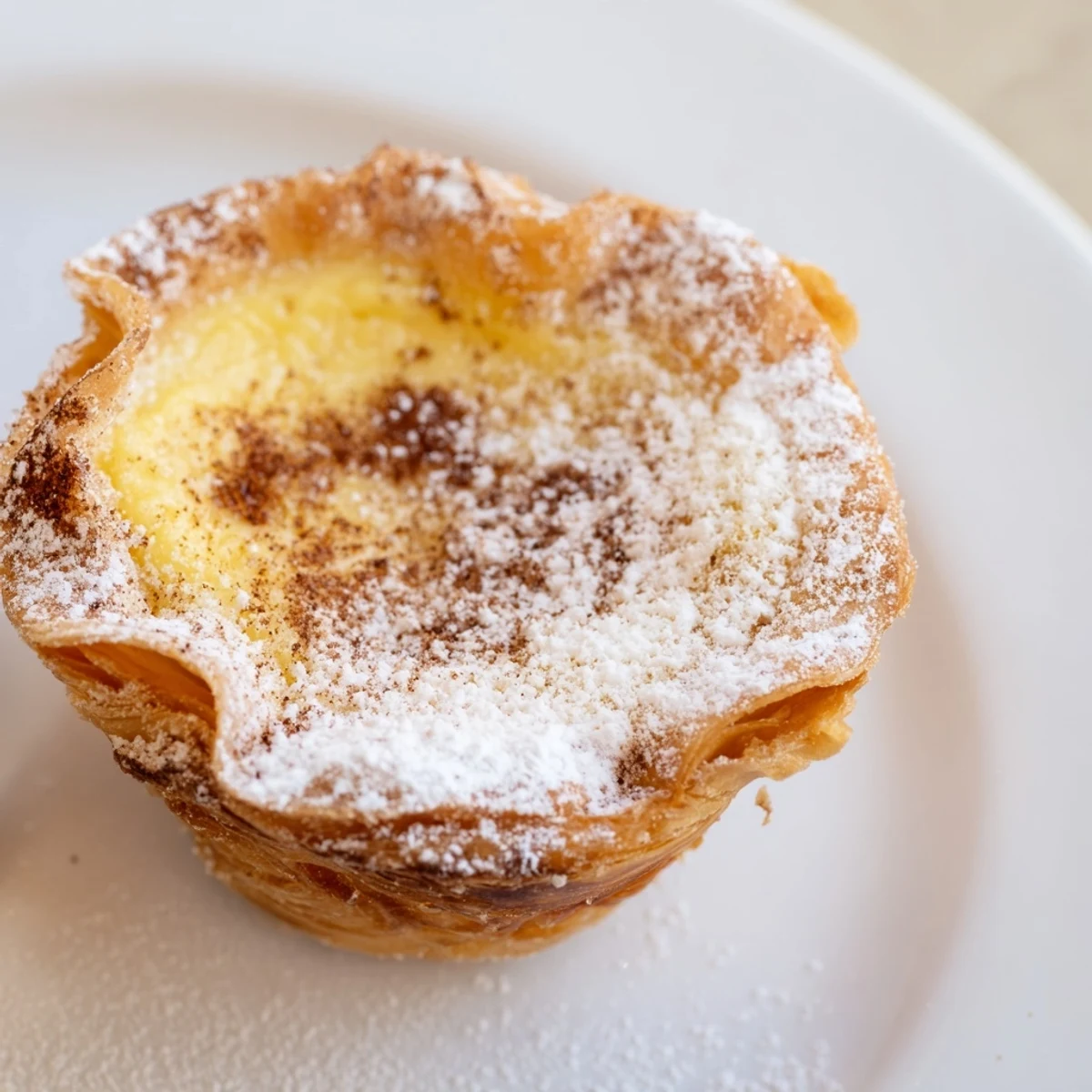 Golden, bubbly Portuguese egg tarts with a dusting of cinnamon, perfect for a sweet treat.