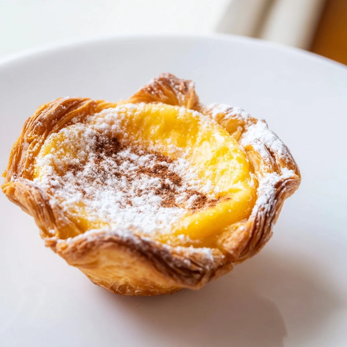 Freshly baked Portuguese egg tarts featuring a creamy custard filling in a flaky crust.