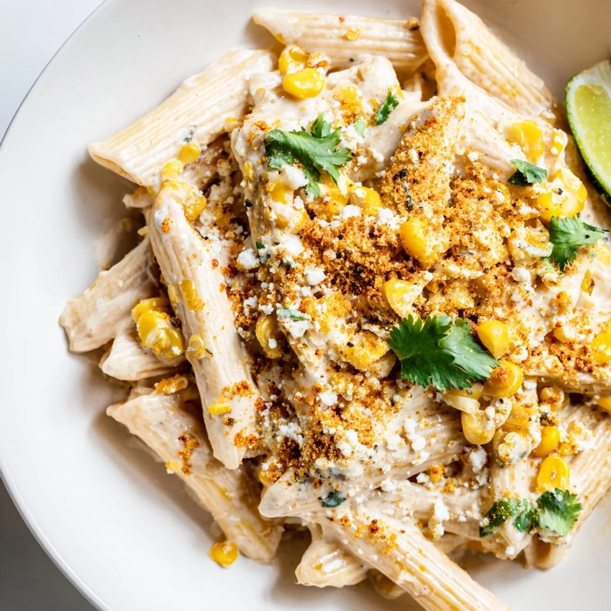 Creamy Mexican Street Corn Pasta, topped with fresh cilantro, inviting you to enjoy this flavorful pasta dish.