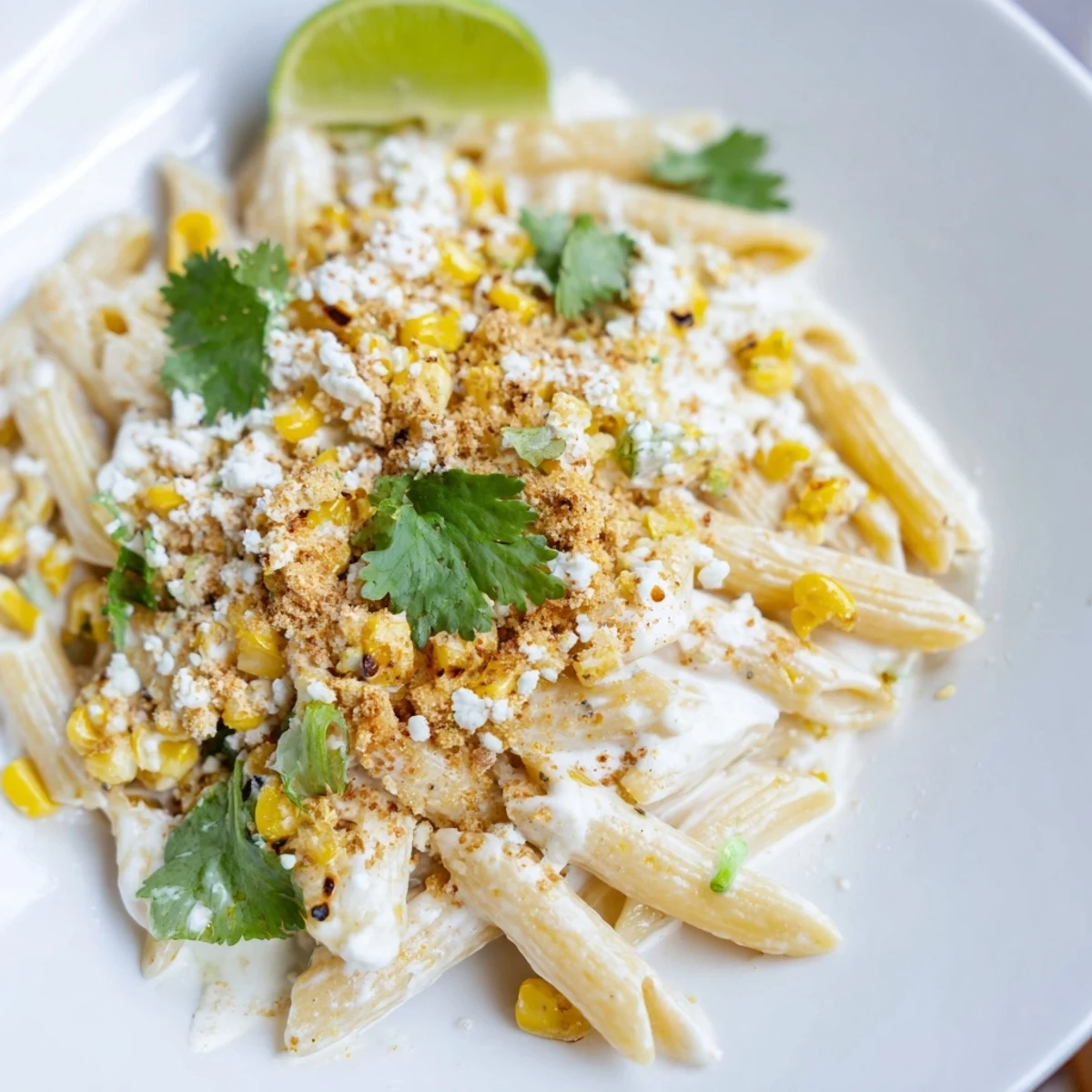 A close-up of the delicious Mexican Street Corn Pasta showcasing the cotija cheese and juicy corn kernels.