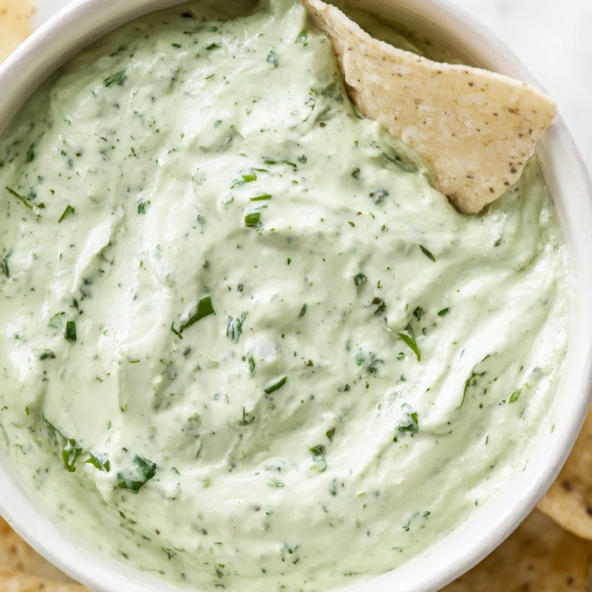 A vibrant bowl of creamy Green Goddess Salad Dip garnished with fresh herbs and served alongside crunchy tortilla chips and colorful vegetable sticks.