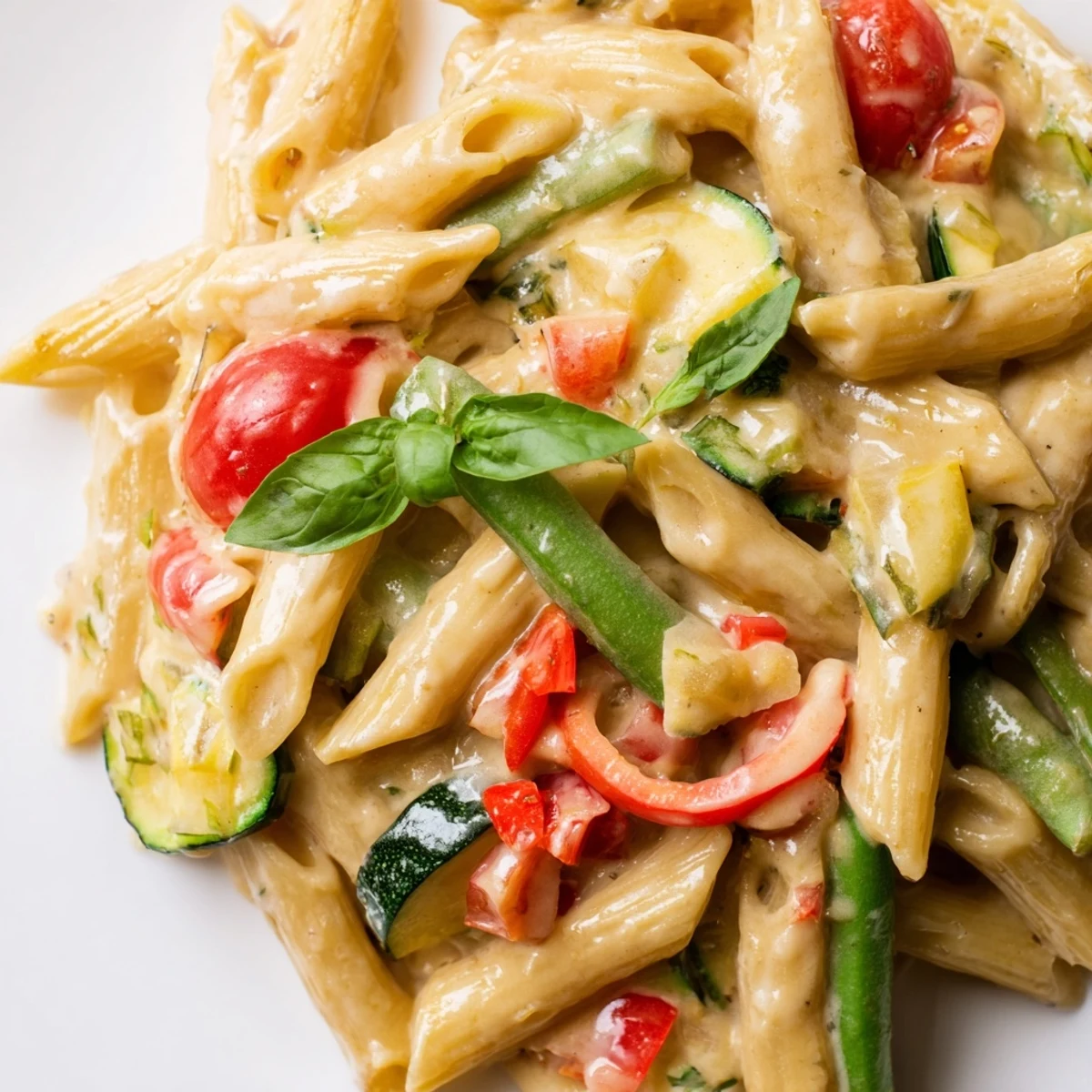A close-up of One-Pot Creamy Pasta Primavera with zucchini, bell peppers, and cherry tomatoes coated in rich, cheesy sauce.  