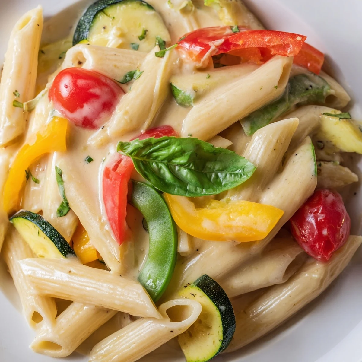 Vibrant One-Pot Creamy Pasta Primavera featuring colorful vegetables and penne pasta simmered in a luscious, creamy sauce for an easy weeknight dinner.