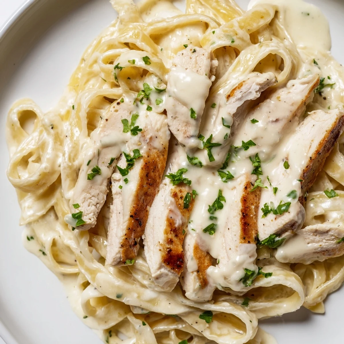 Skillet Chicken Alfredo features golden chicken strips and fettuccine tossed in a rich, creamy Parmesan sauce, garnished with fresh parsley.  