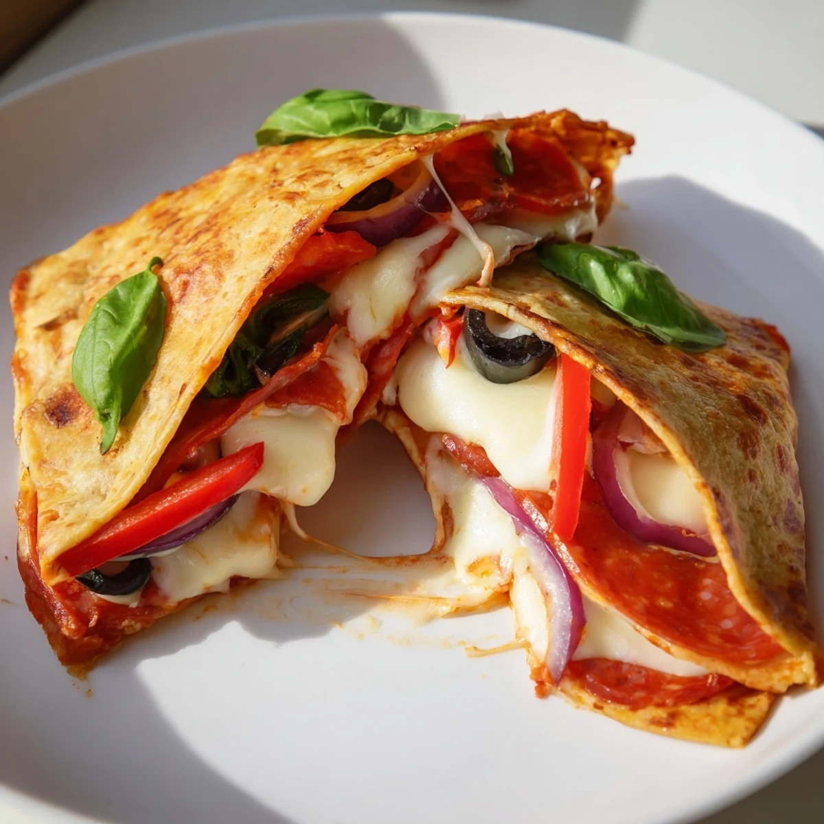 Golden, crispy Tortilla Pizza Wrap with melted mozzarella, pepperoni, and colorful bell peppers served hot.  