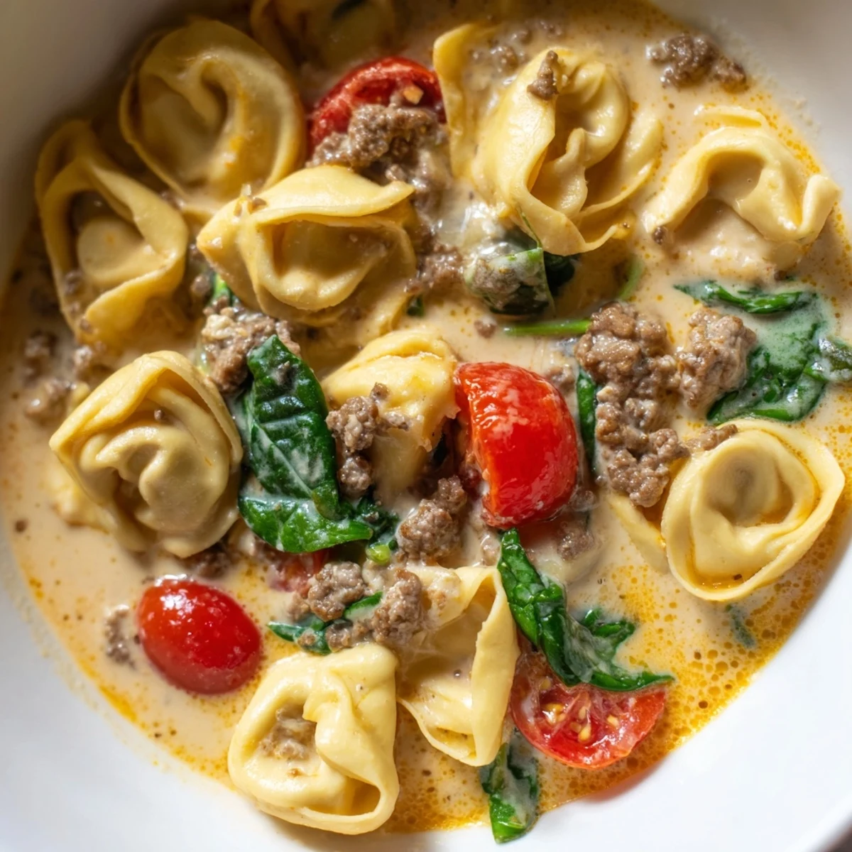Steaming bowl of Tortellini Beef Soup with tender cheese tortellini and savory ground beef in a rich, creamy broth.  