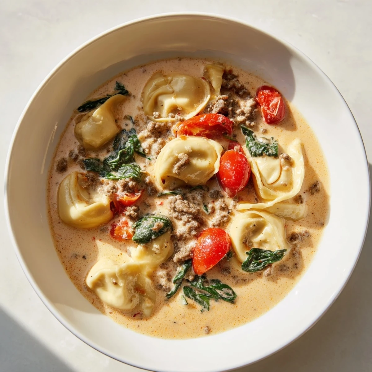 Hearty Tortellini Beef Soup simmering in a pot, featuring sweet cherry tomatoes and vibrant baby spinach.