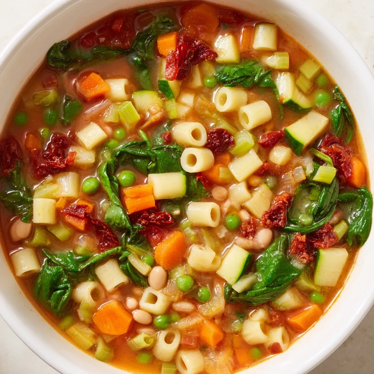 A mason jar filled with vibrant minestrone soup, packed with diced carrots, celery, and small pasta ready for boiling water.  