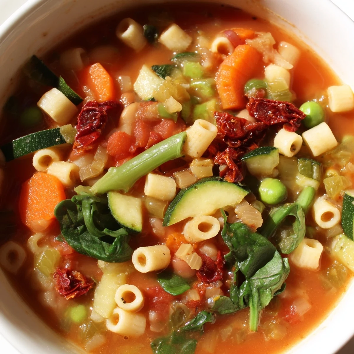 This layered minestrone soup in a jar shows colorful ingredients for a quick, nutritious homemade meal on the go.  