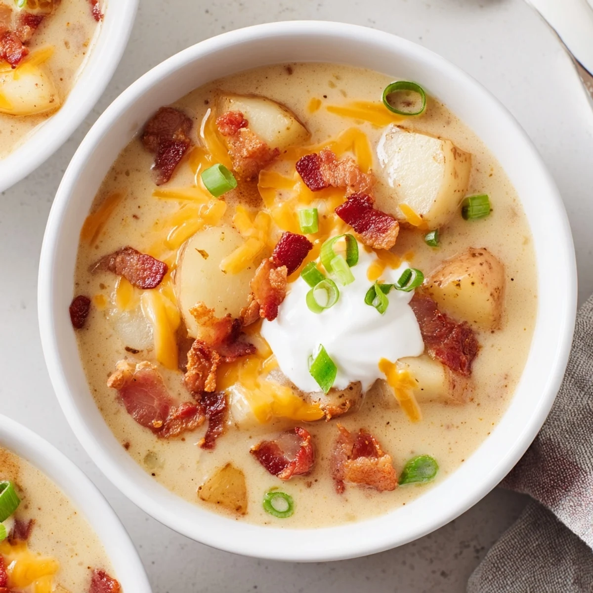 Creamy Loaded Baked Potato Soup topped with crispy bacon bits, shredded cheddar, and fresh green onions served in a rustic bowl.