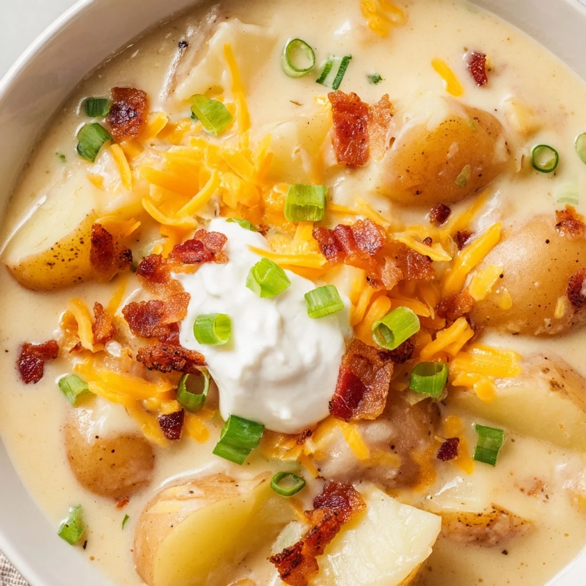 Close-up of a steaming bowl of Loaded Baked Potato Soup garnished with sour cream, bacon crumbles, and sharp cheddar cheese.