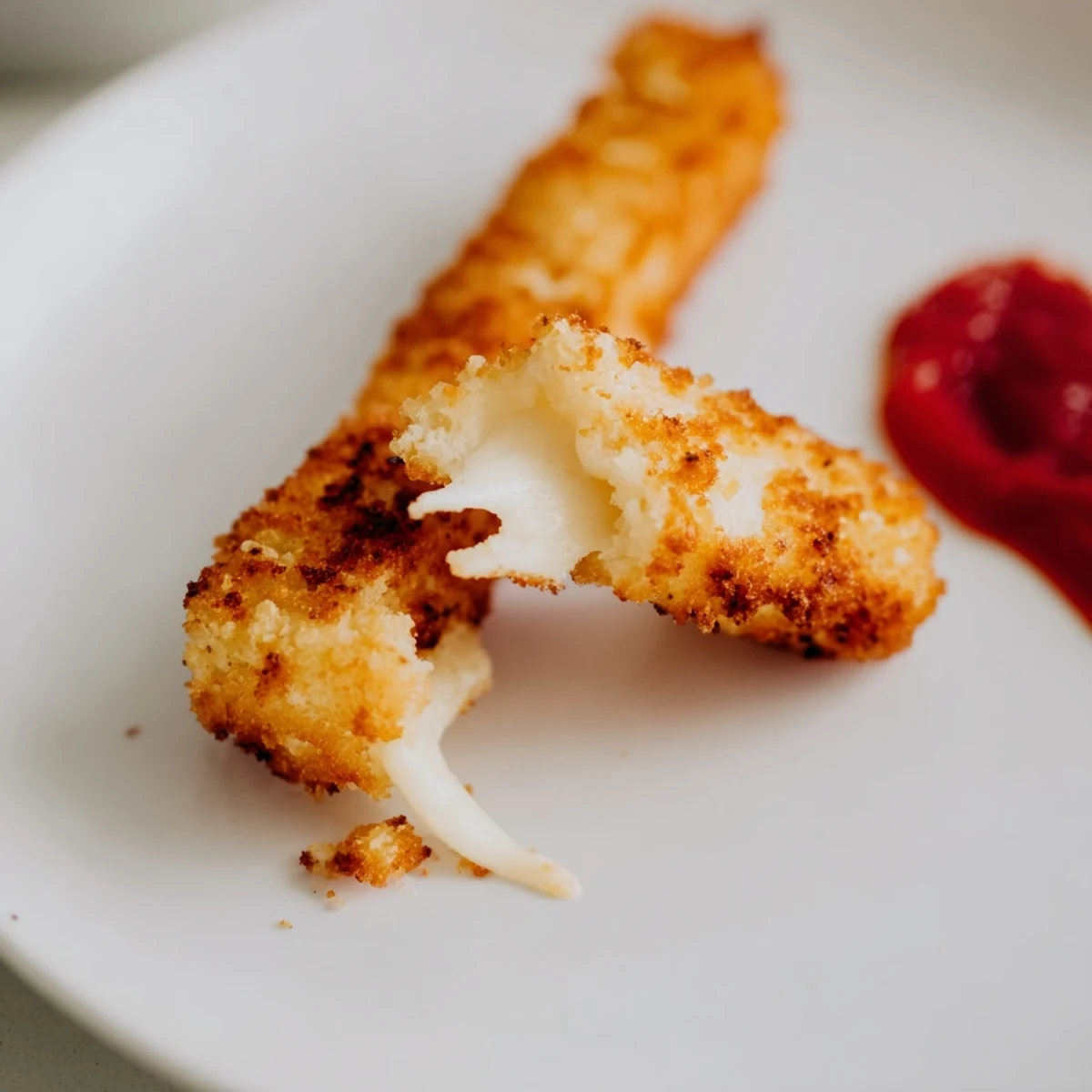 Crispy golden air fryer mozzarella sticks with gooey melted cheese, served alongside warm marinara sauce and fresh basil.