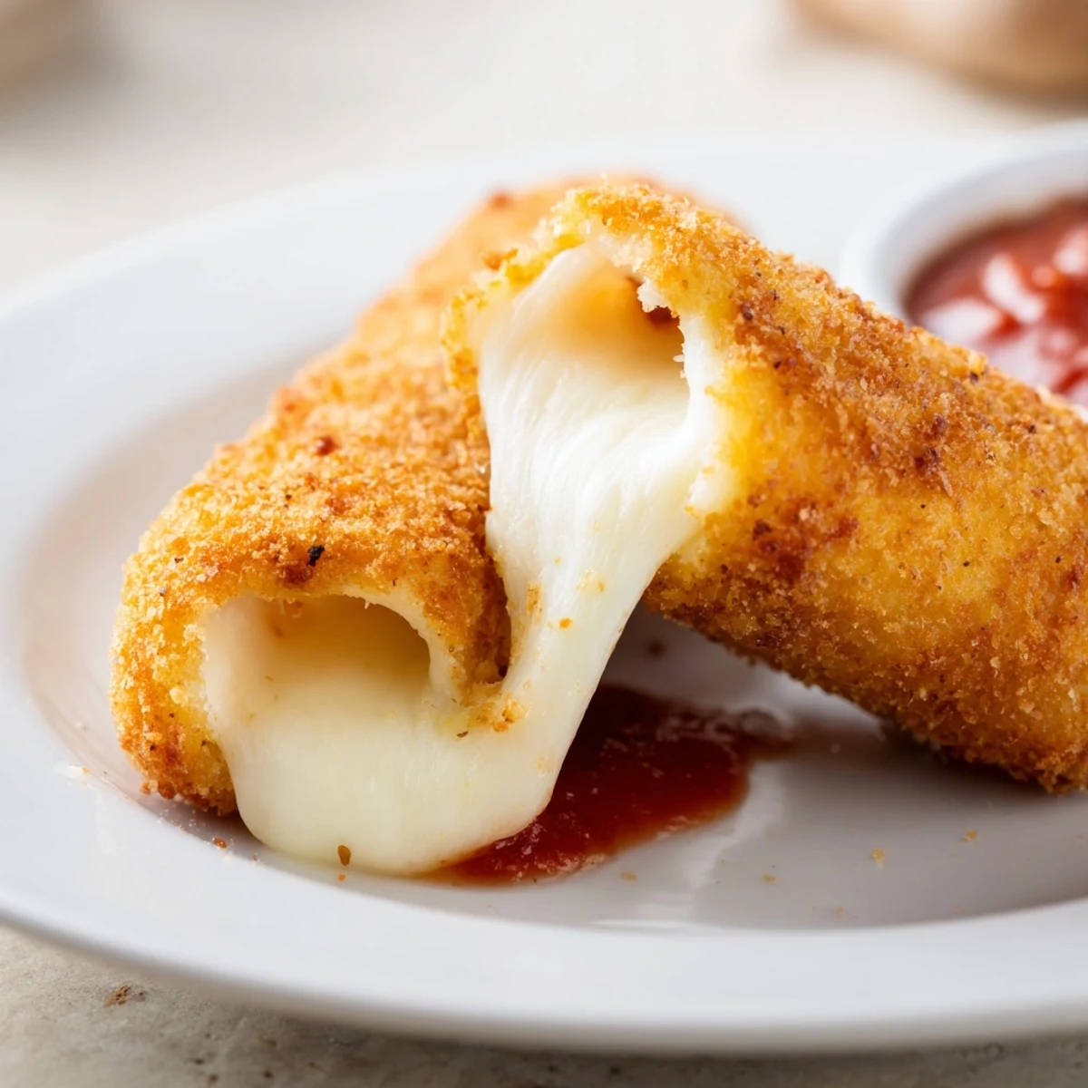 Freshly cooked air fryer mozzarella sticks on a plate, golden and crunchy, with a dipping bowl of marinara sauce.