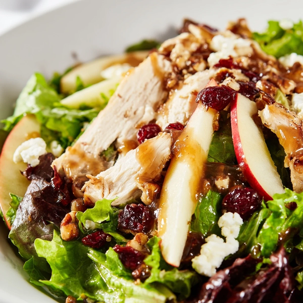 A close-up of caramel apple chicken salad shows sliced chicken, crisp apples, and feta on mixed greens, drizzled with caramel-pecan dressing.