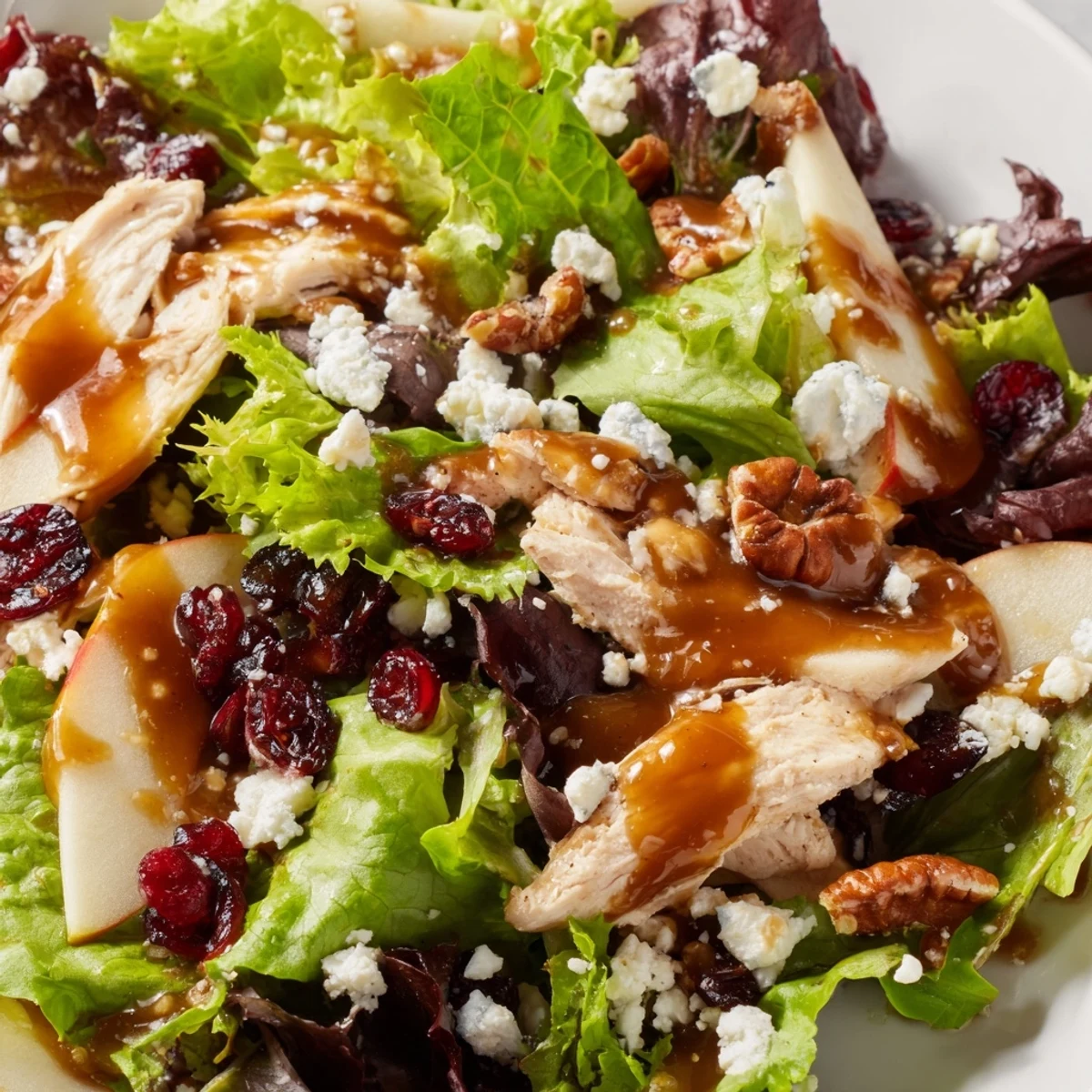 Platter of gluten-free caramel apple chicken salad with mixed greens, red onion, goat cheese, and a glossy pecan dressing, ready to serve.