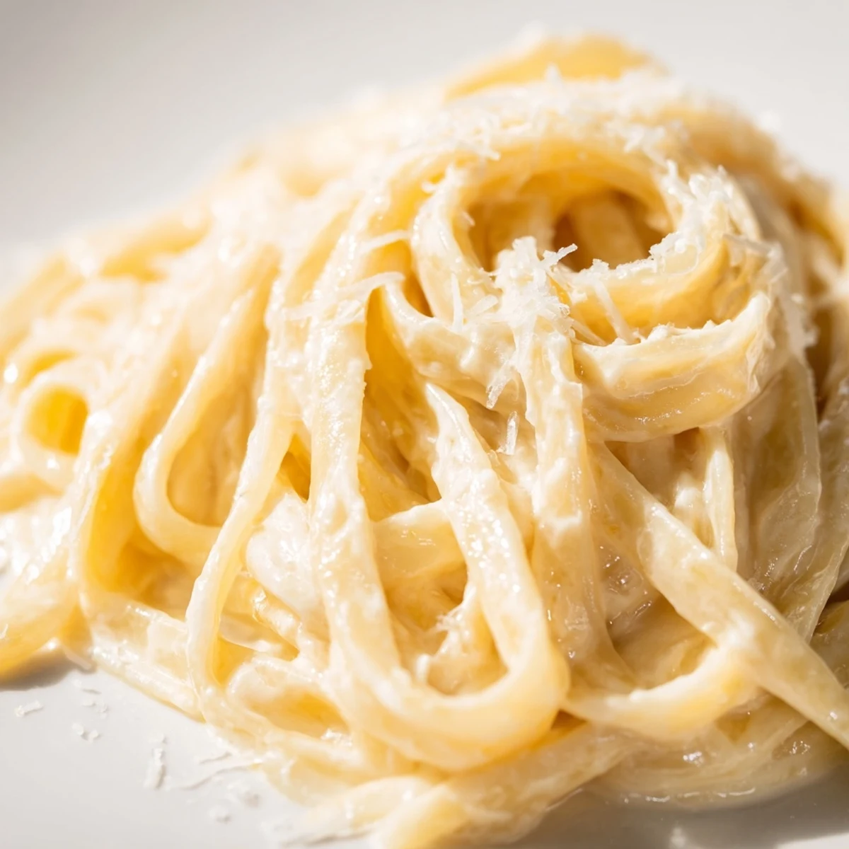 A close-up of creamy Roasted Garlic Cream Pasta twirled on a fork, showcasing silky sauce and freshly grated Parmesan garnish.