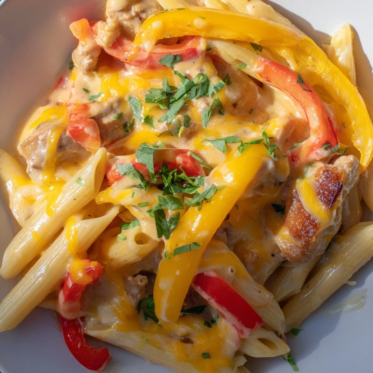 Steaming Chicken Fajita Pasta Skillet served with lime wedges, perfect for a busy weeknight dinner table.