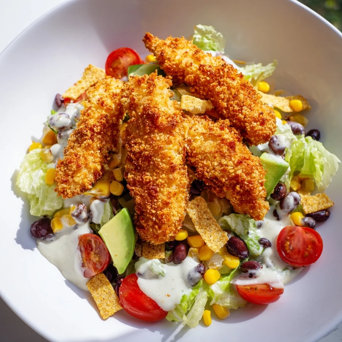 Golden-fried spicy chicken strips rest atop a bed of chopped romaine, tomatoes, and black beans, drizzled with creamy salsa ranch.