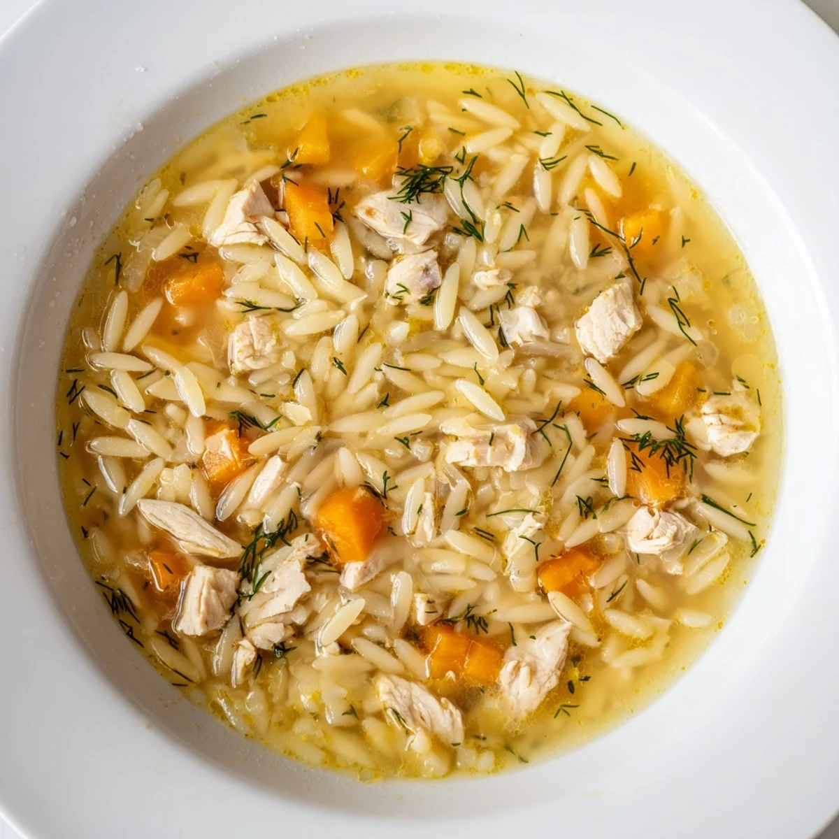 Steaming bowl of Chicken Lemon Orzo Soup with shredded chicken, bright lemon slices, and fresh dill garnish.  