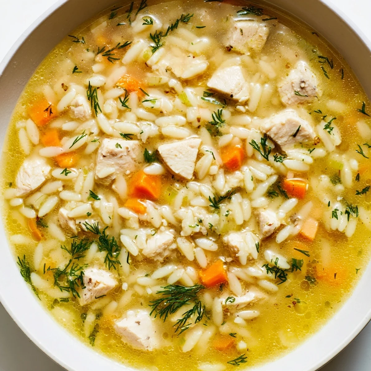 Homemade Chicken Lemon Orzo Soup in a rustic kitchen setting, garnished with parsley and a squeeze of lemon.