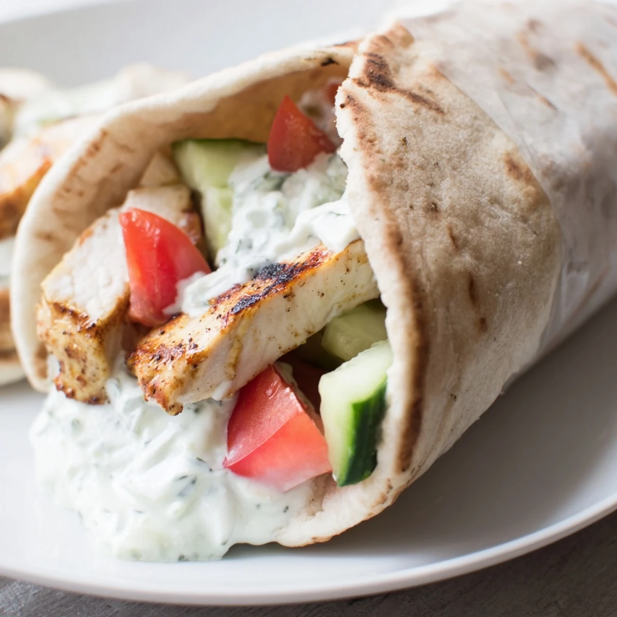 Warm Greek Chicken Wrap filled with juicy grilled chicken, creamy tzatziki, crisp cucumber, and ripe tomato in soft pita.