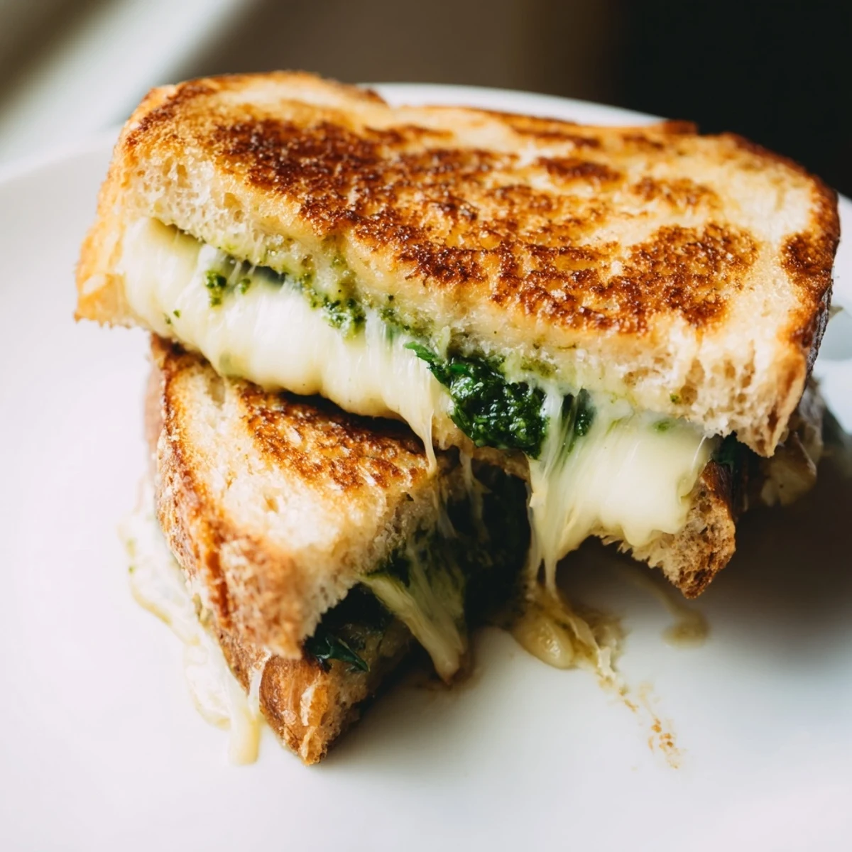 Golden-brown sourdough slices stuffed with melted mozzarella, cheddar, and vibrant spinach pesto on a plate.  