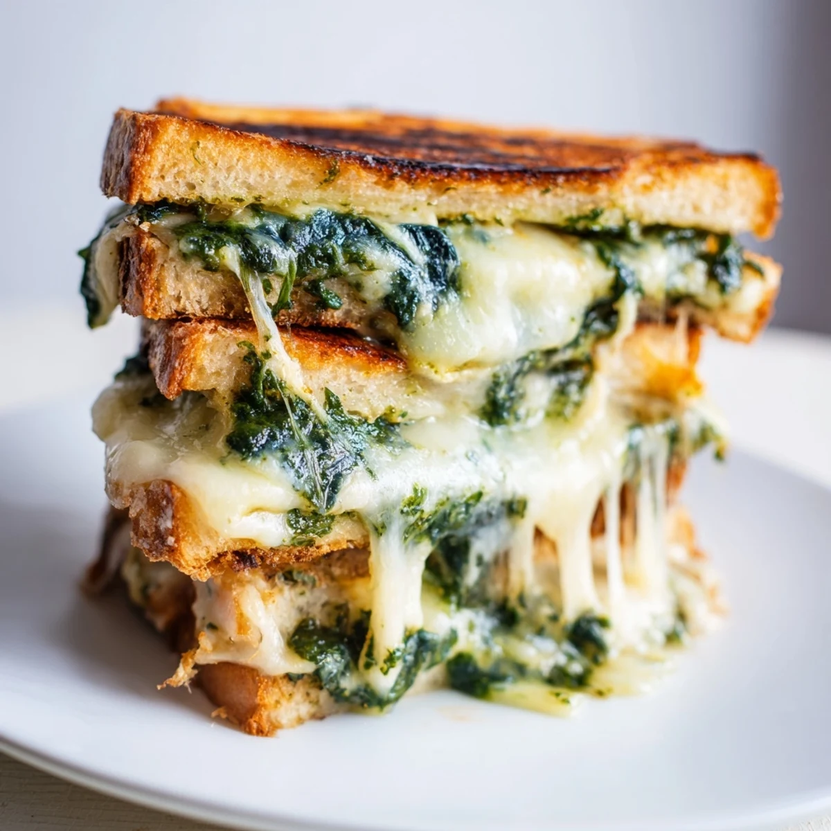Crispy grilled cheese with spinach pesto, served warm beside a fresh garden salad.