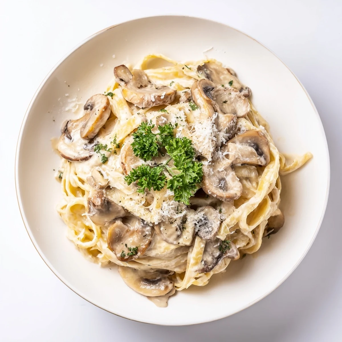 Rich Creamy Mushroom Alfredo tossed with garlic and served on a white plate.